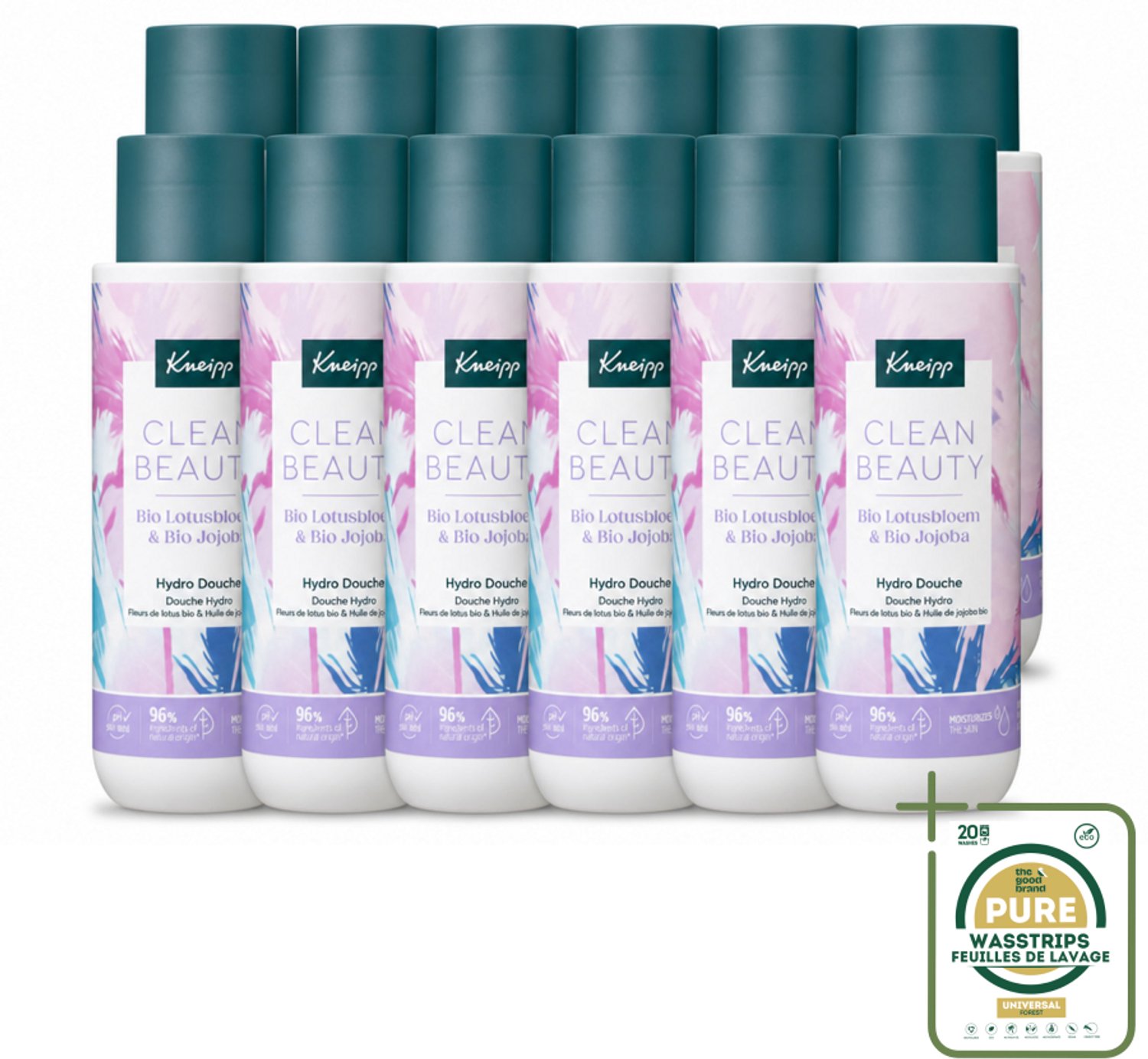 12 x Kneipp - Douchegel - Clean Beauty - Lotus & Jojoba - 200 ml - Wasstrips - Douchegel - Natuurlijke Douchegel - Bio Douchegel - Geur Van Lotus - Geur Van Jojoba