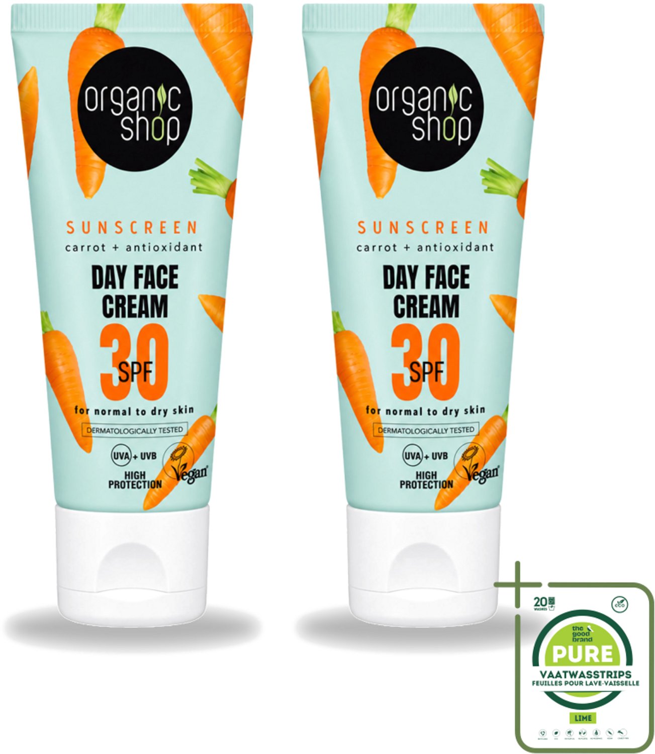 2 x Organic Shop - Zonnebrandcrème Gezicht SPF 30 - Normale Huid - 50 ml - Grootverpakking - Vaatwasstrips - Zonbescherming - Gezichtscreme - SPF 30 - Natuurlijke Zonnebrand - Huidbescherming
