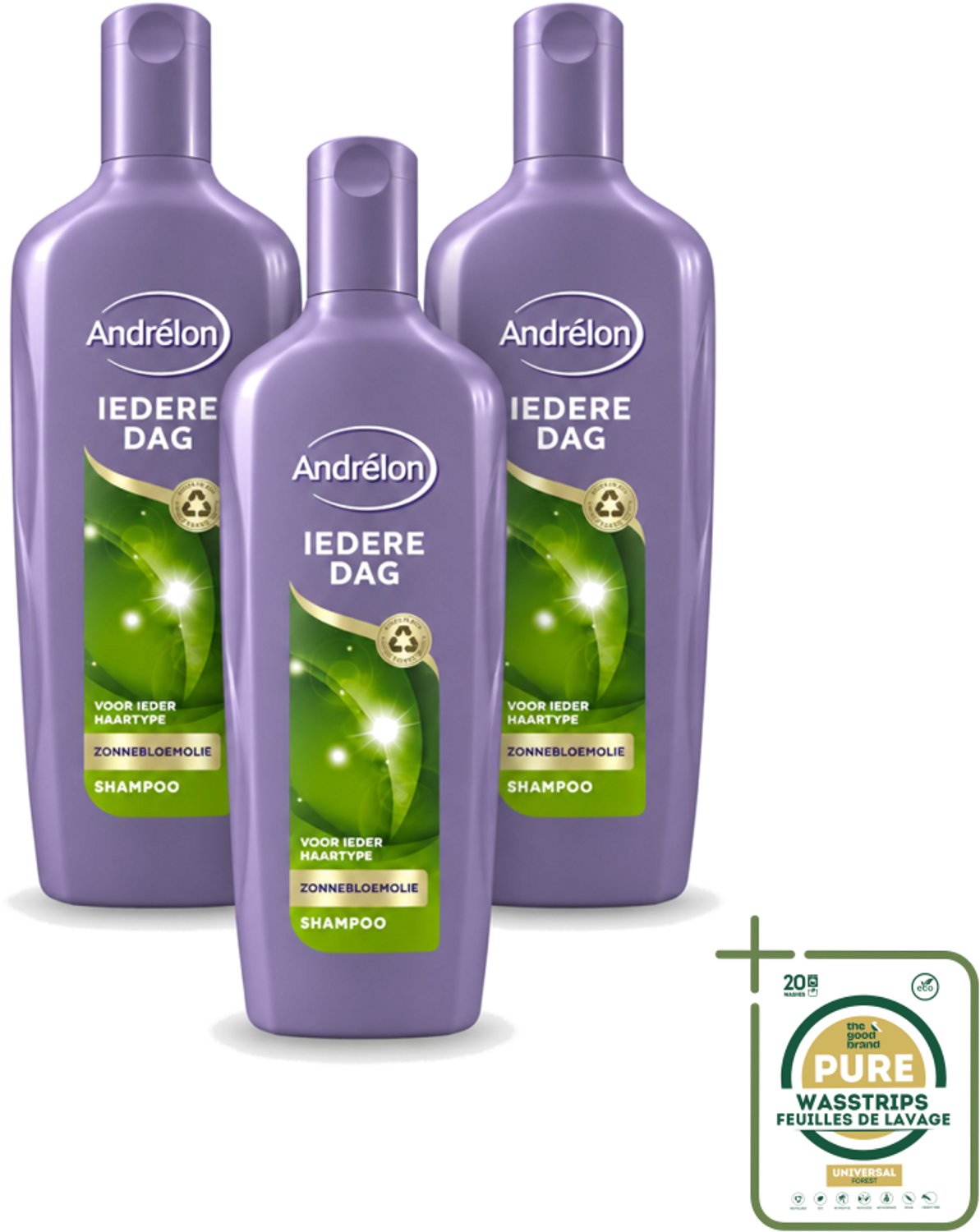 3 x Andrélon - Iedere Dag - Shampoo - 300 ml - Wasstrips - Shampoo Voor Haar - Dagelijks Haarwassen - Zonnebloemolie Shampoo - Fris Haar - Glanzend Haar