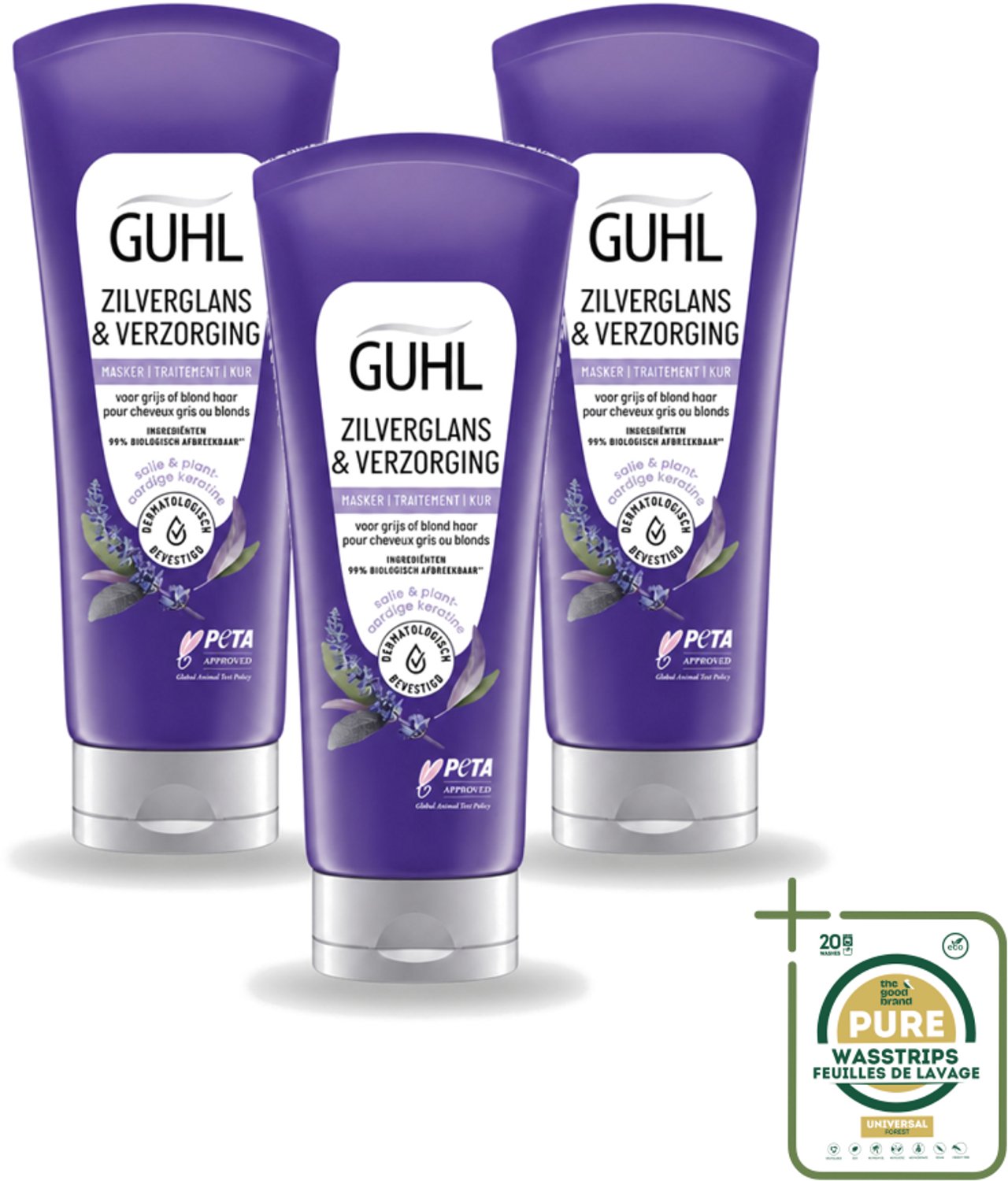 3 x Guhl - Haarmasker - Zilverglans & Verzorging Anti-Geel - 200 ml - Wasstrips - Haarmasker - Geelheid Neutraliseren - Blond Haar - Grijs Haar - Haar Verzorging
