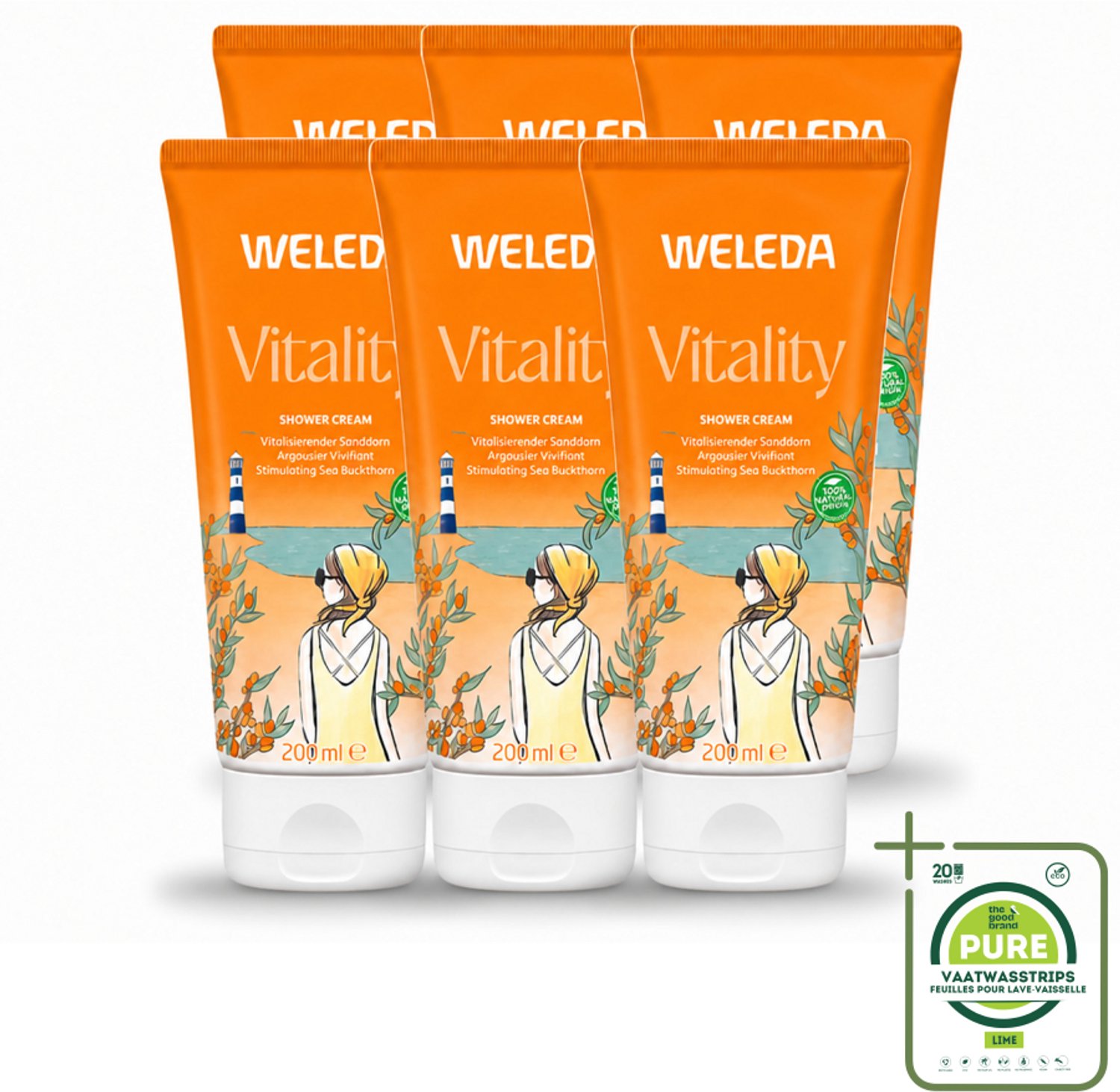 6 x WELEDA - Douchecrème Duindoorn Vitality - 200 ml - Grootverpakking - Vaatwasstrips - Douchecrème - Natuurlijke Douchecrème - Duindoornolie - Biologische Douchecrème - Frisse Geur
