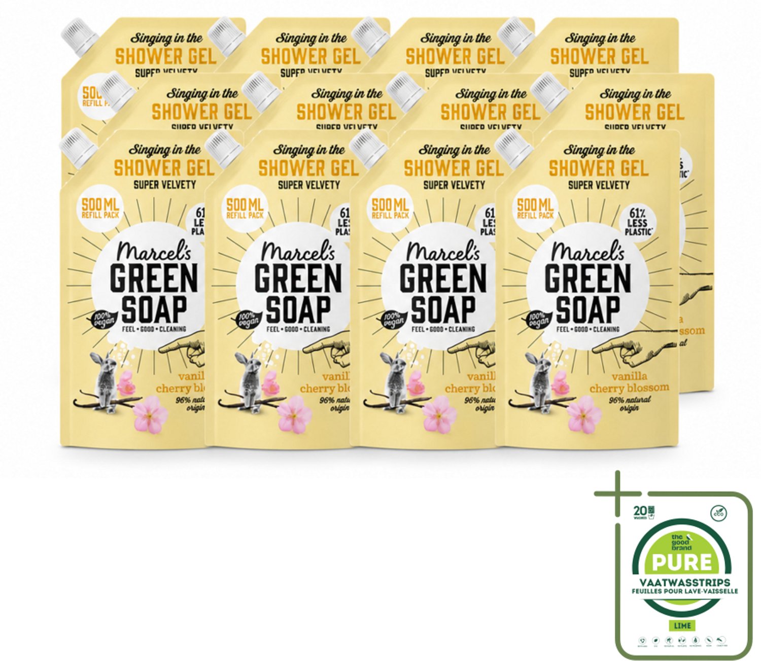 12 x Marcel's Green Soap - Shower Gel - Navulling - Vanille & Kersenbloesem - Krachtige werking - 500 ml - Grootverpakking - Vaatwasstrips - Douchegel - Natuurlijke Douchegel - Ecologische Douchegel - Vegan Douchegel - Biologische Douchegel