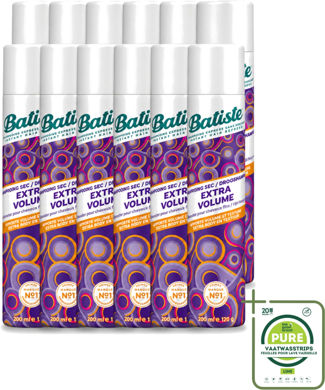 12 x Batiste - Extra Volume - Droogshampoo - Geeft Meer Volheid - Frist Vet Haar Op - 200ml - Grootverpakking - Vaatwasstrips - Extra Volume Haar - Droogshampoo - Haar Volume - Haar Lift - Fris Haar