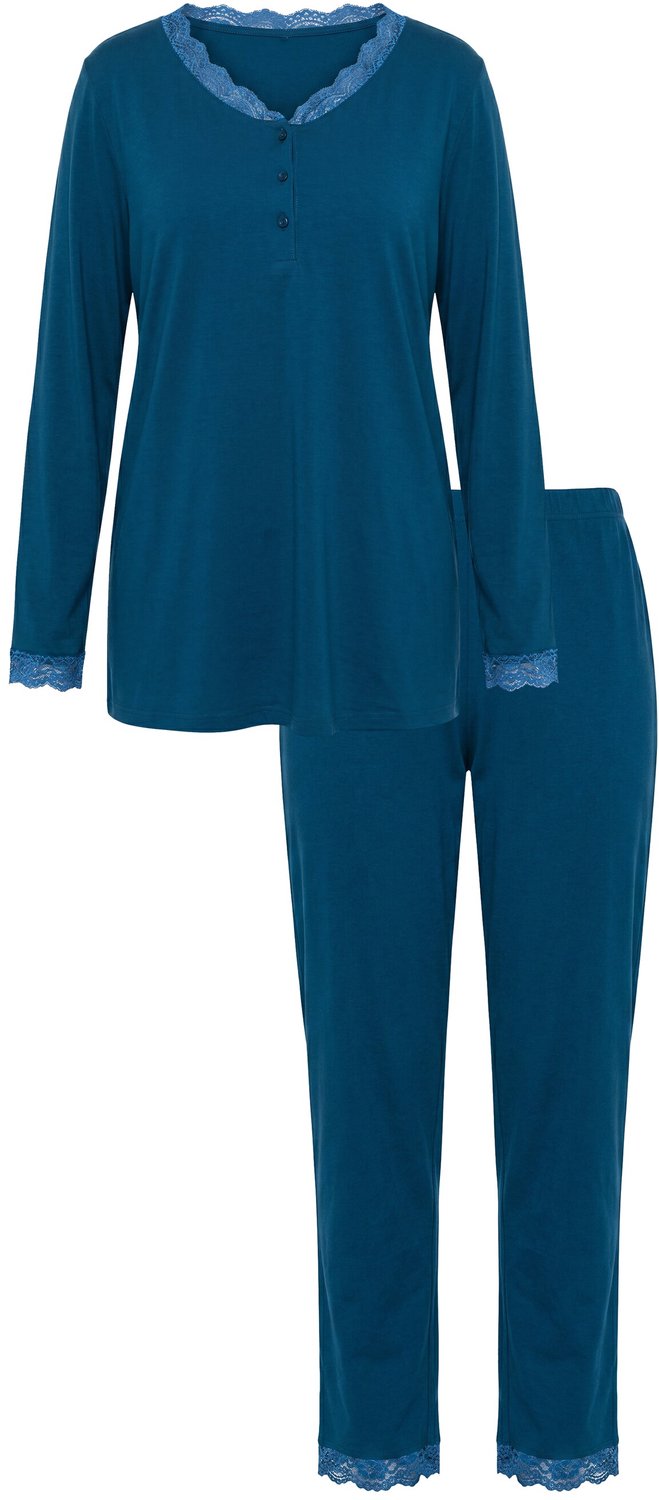Ulla Popken - Dames - Pyjama kant knopen V-hals lange mouwen - Donkerpetrol - Maat 58+