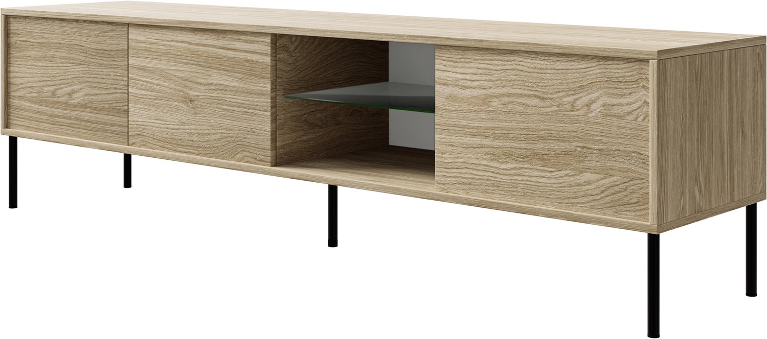 Selsey Modity - Tv-meubel met 3 deuren, glazen plank en verlichting, 175 cm, Eikenhoutlook Eik / Zwart