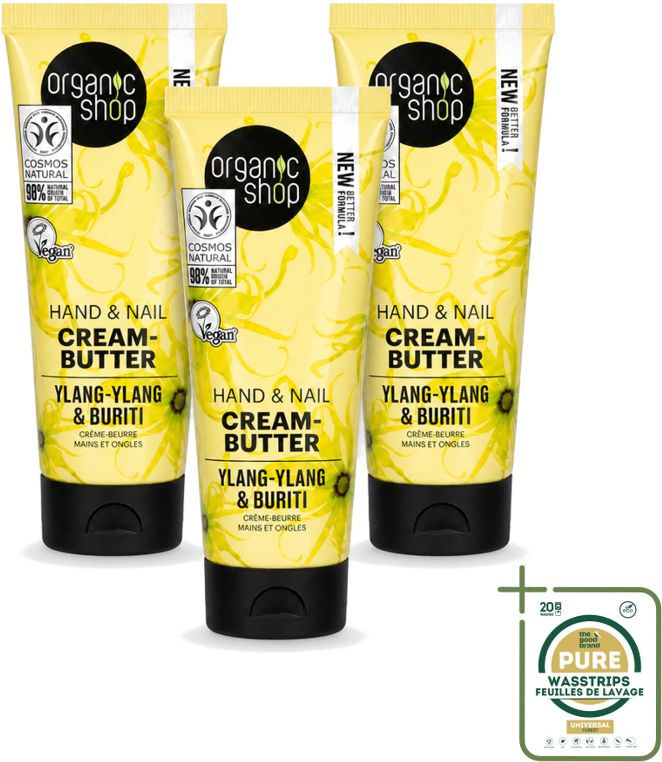 3 x Organic Shop - Ylang-Ylang & Buriti Hand & Nail Cream - Verzachtend en Herstellend - 75 ml - Wasstrips - Handcrème - Nagelcrème - Ylang-ylang - Buriti - Natuurlijke Handcrème