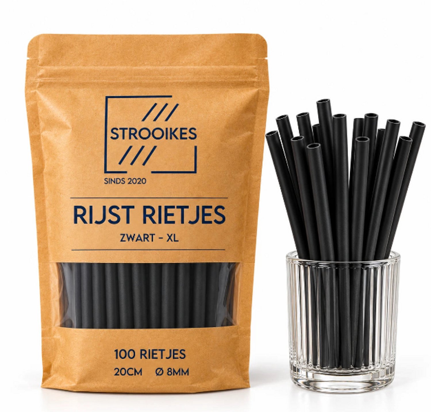 Rijst rietjes zwart XL - 100 stuks - 20cm - 8mm diameter - Voor Bubble tea & smoothies - Composteerbaar