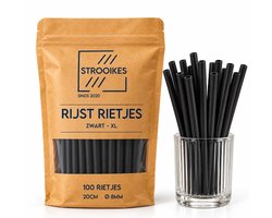 Rijst rietjes zwart XL - 100 stuks - 20cm - 8mm diameter - Voor Bubble tea & smoothies - Composteerbaar