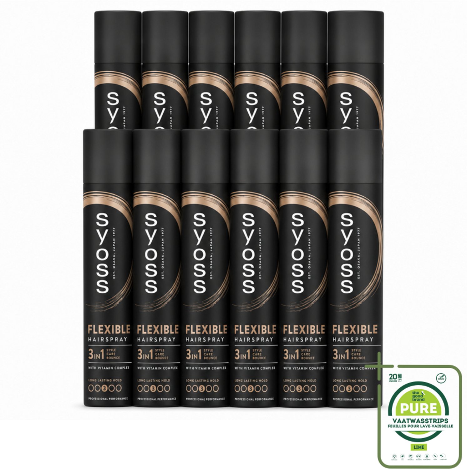 12 x Syoss - Hold & Flex - Haarspray - Flexibele Fixatie - 300 ml - Grootverpakking - Vaatwasstrips - Haarspray - Flexibele Fixatie - Natuurlijke Finish - Haar Verzorging - Haar Stijfheid