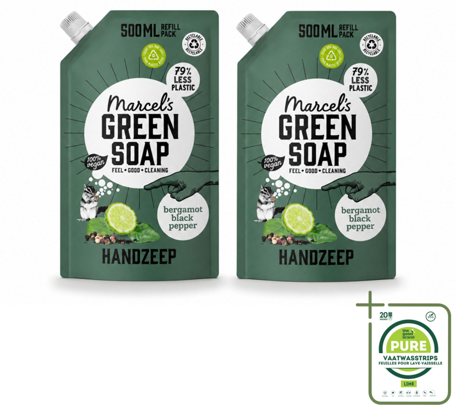 2 x Marcel's Green Soap - Handzeep - Bergamot & Black Pepper - Natuurlijke verzorging - 500 ml - Grootverpakking - Vaatwasstrips - Handzeep Navulling - Biologisch Afbreekbaar - Plantaardige Glycerine - Bergamot En Zwarte Peper - Duurzaamheid