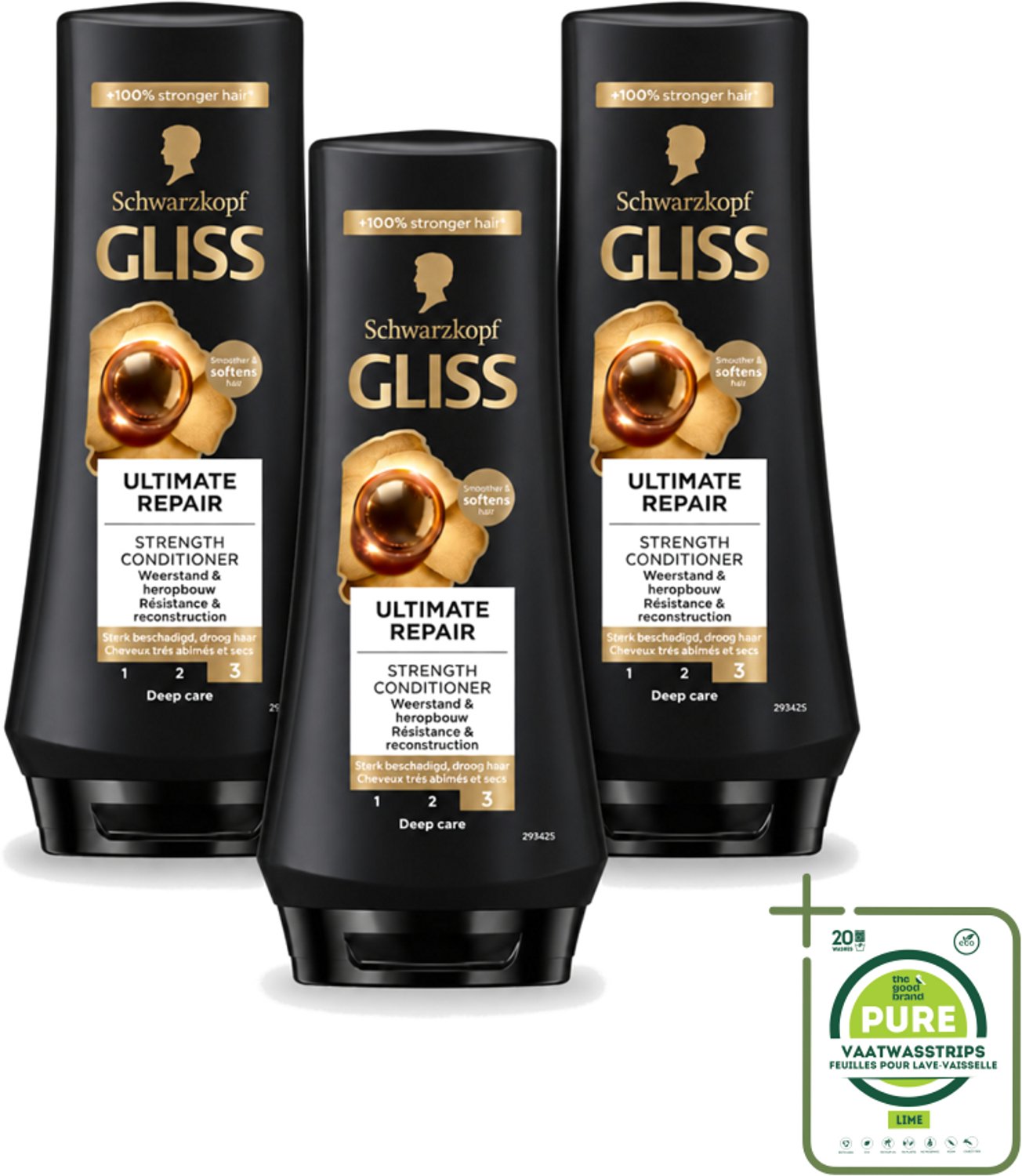 3 x Gliss - Hair Repair - Conditioner voor Ultiem Herstel van Beschadigd Haar - 200 ml - Grootverpakking - Vaatwasstrips - Haarkracht - Haarherstel - Keratine - Haarbescherming - Droog Haar