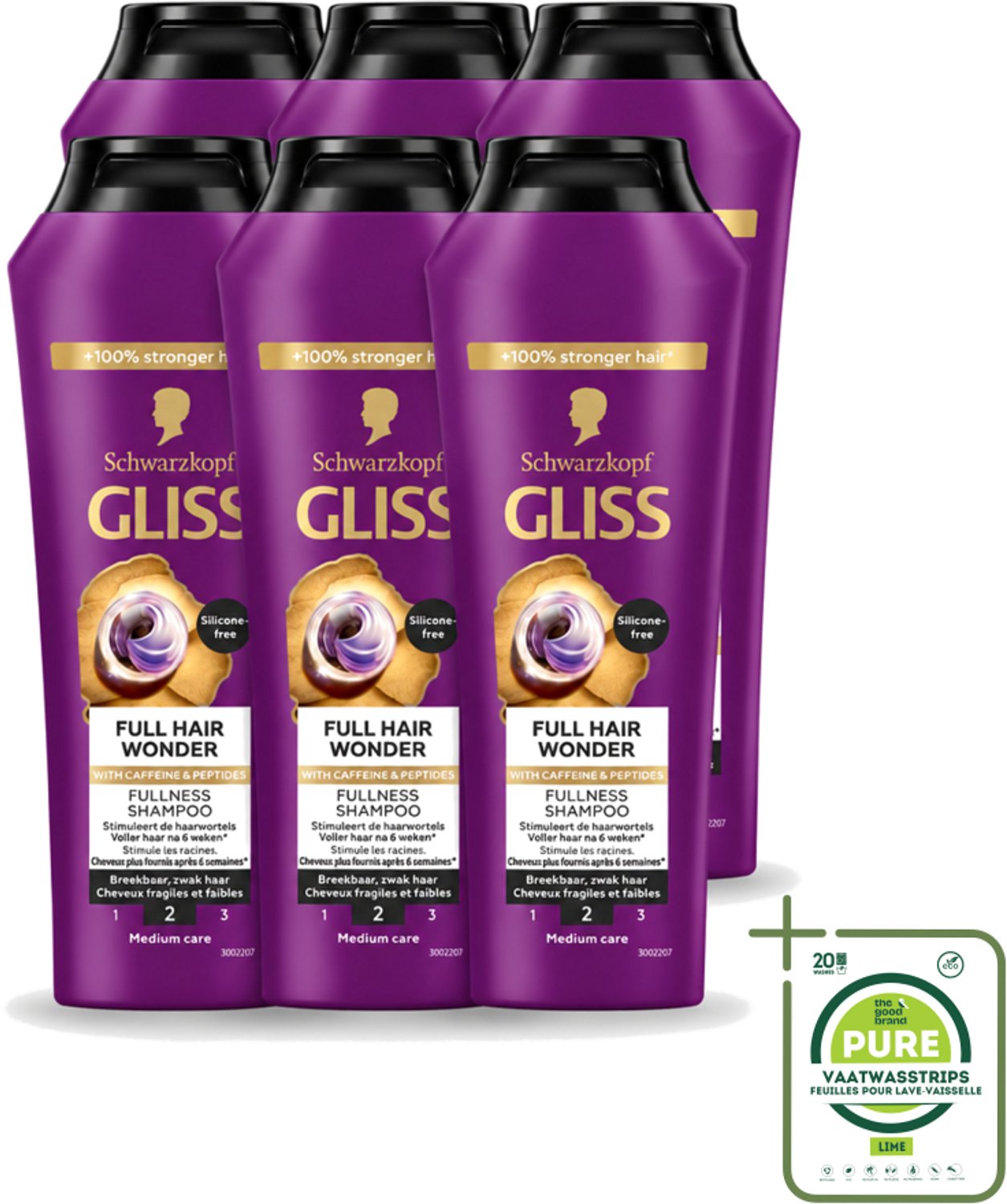 6 x Gliss Shampoo Full Hair Wonder - 250 ml - Grootverpakking - Vaatwasstrips - Haarversterkend Shampoo - Volume Voor Dun Haar - Biotine Shampoo - Peptiden Voor Haar - Gezond Haar