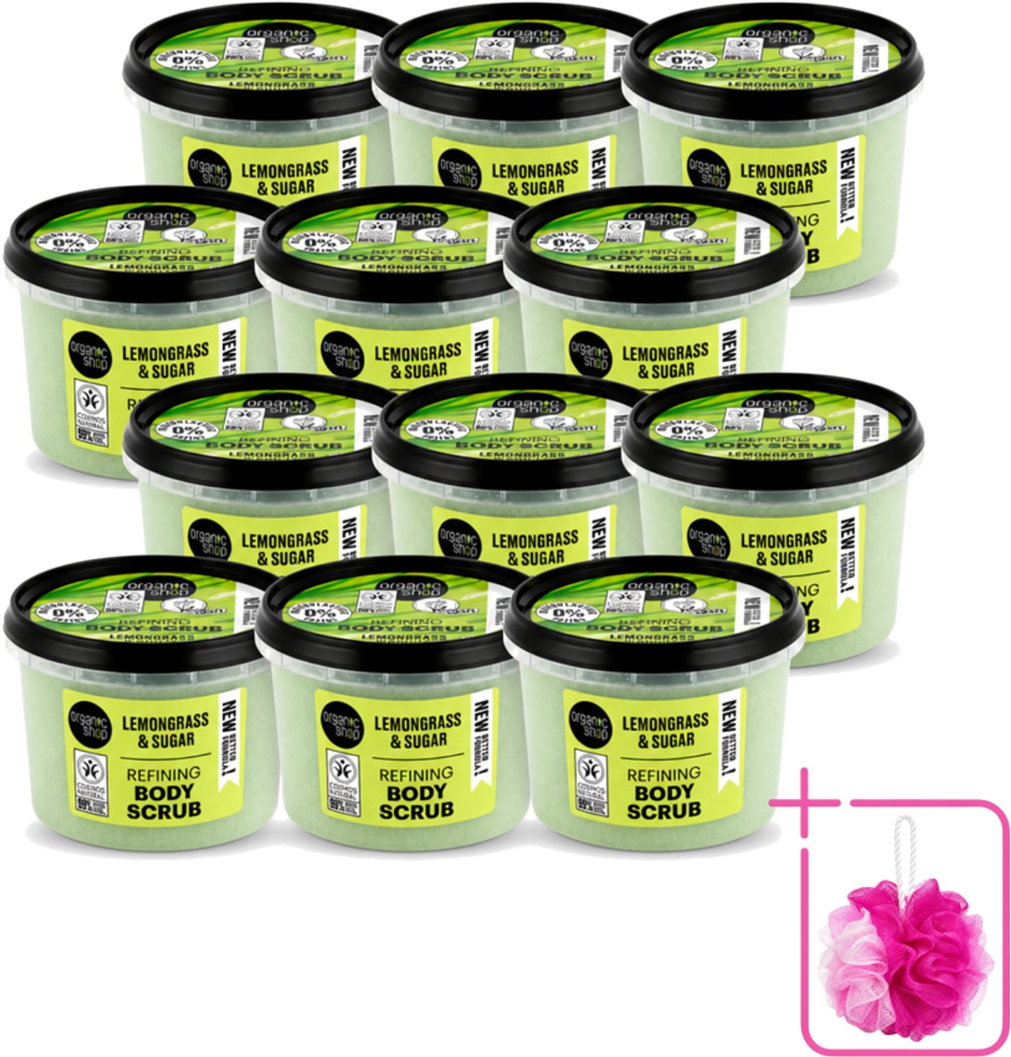 12 x Organic Shop - Body Scrub Lemongrass - Verfrissend en Verzorgend - 250 ml - Bulkverpakking - Bodyscrub - Douchemop - Exfoliatie