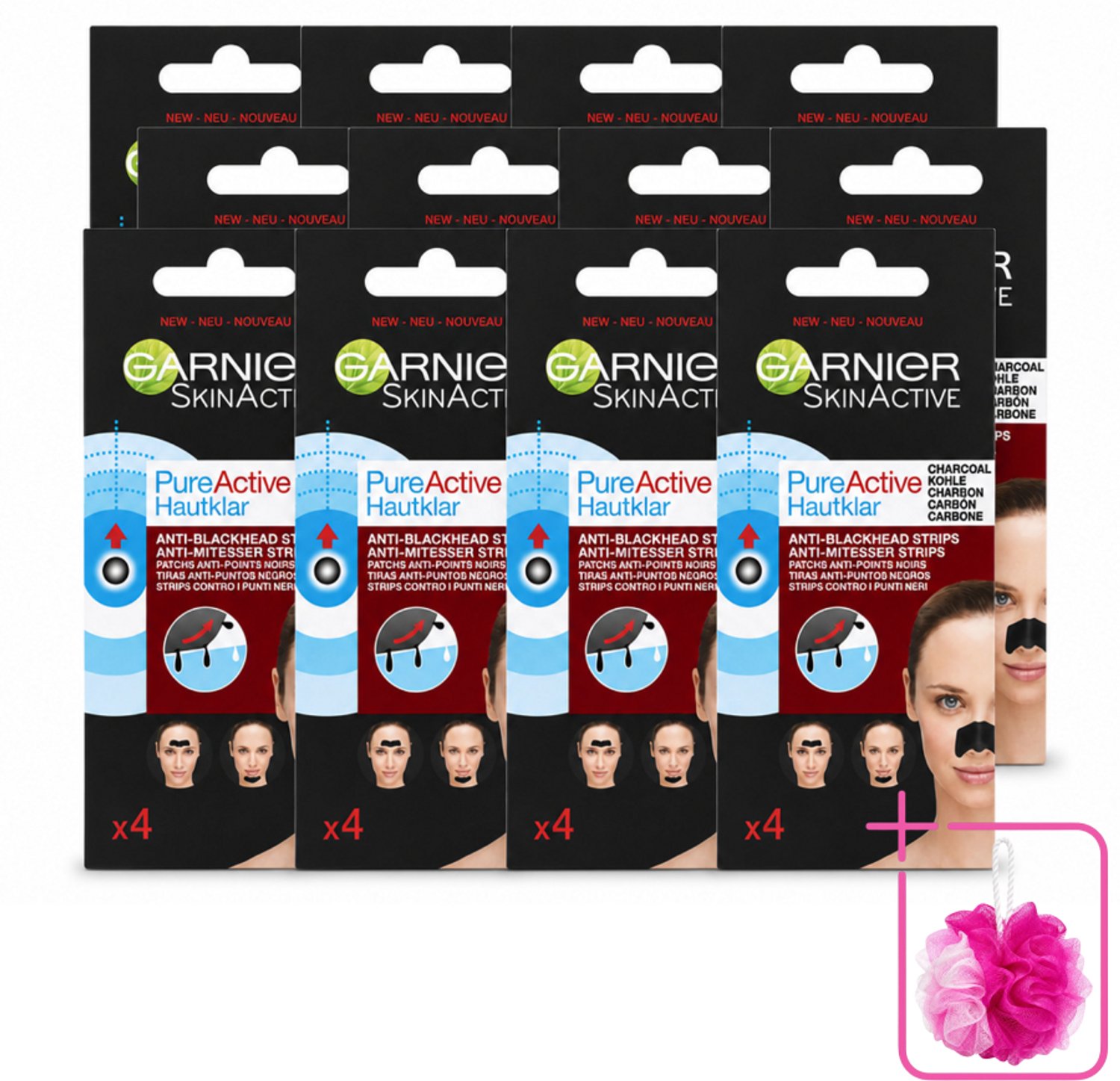 12 x Garnier - Pure Active - Anti-Mee-Eters Strips - Charcoal - Neus, Voorhoofd & Kin - 4 Strips - Bulkverpakking - Anti-mee-eters strips - Douchemop - Houtskool strips