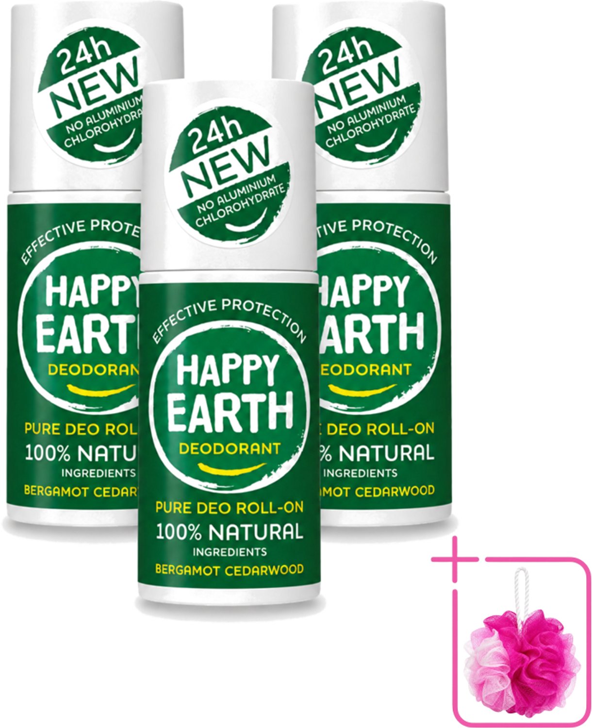 3 x Happy Earth – Deodorant Roll-On – 100% Natuurlijk Bergamot Cedarwood – 75 ml - Bulkverpakking - Bergamot - Cederhout