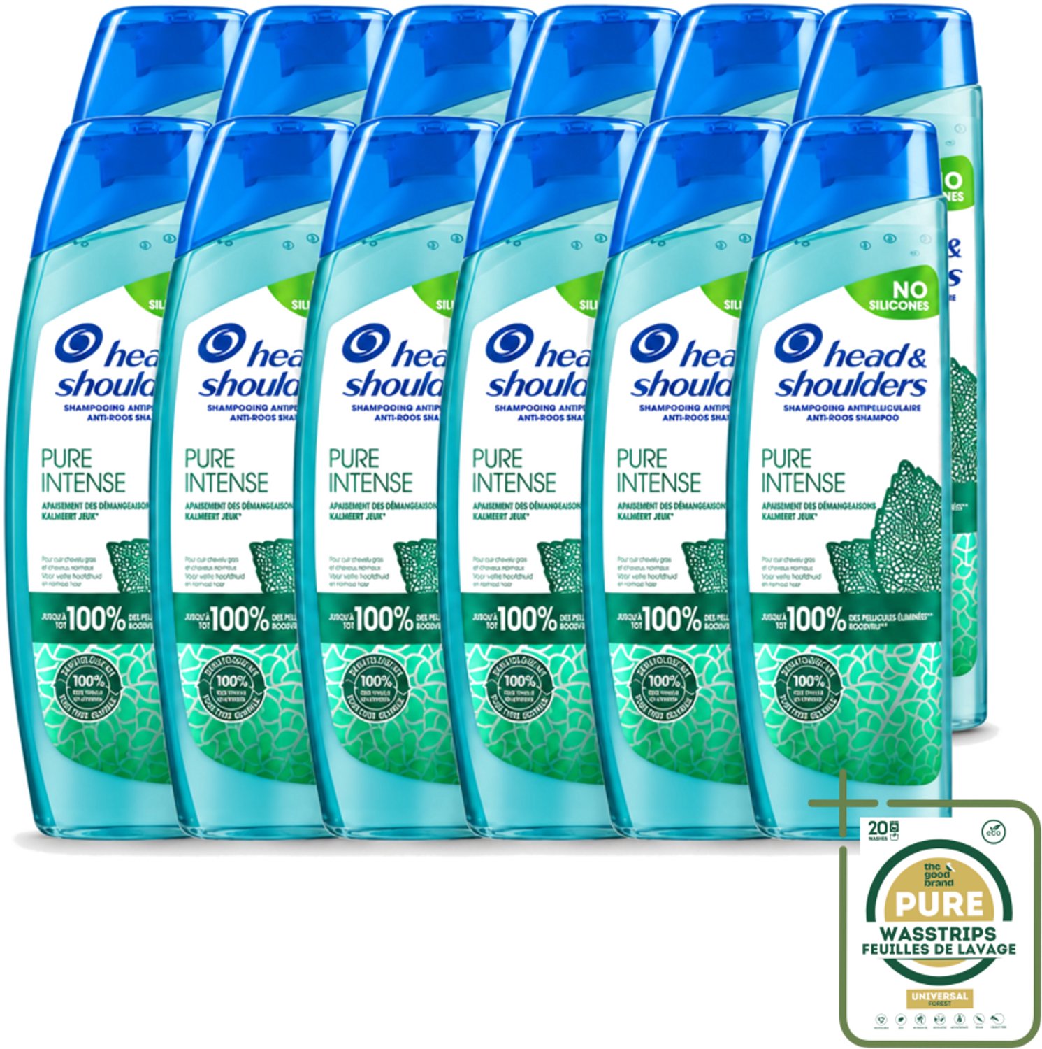 12 x Head & Shoulders – Shampoo – Pure Intense Kalmeert Jeuk – 250 ml - Wasstrips - Anti-roos Shampoo - Shampoo Bij Jeukende Hoofdhuid - Pepermunt Shampoo - Jeuk Kalmeren - Roosvrij Haar