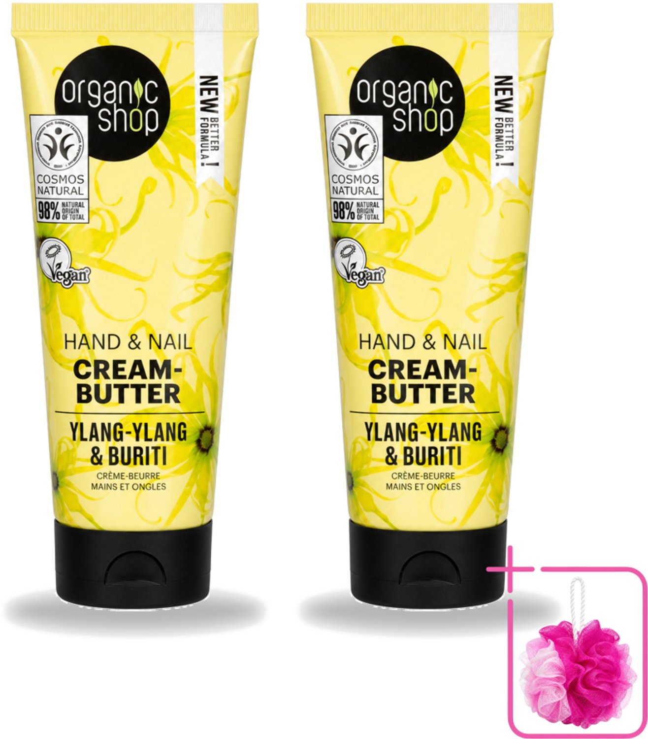 2 x Organic Shop - Ylang-Ylang & Buriti Hand & Nail Cream - Verzachtend en Herstellend - 75 ml - Bulkverpakking - Handcrème - Douchemop - Nagelcrème