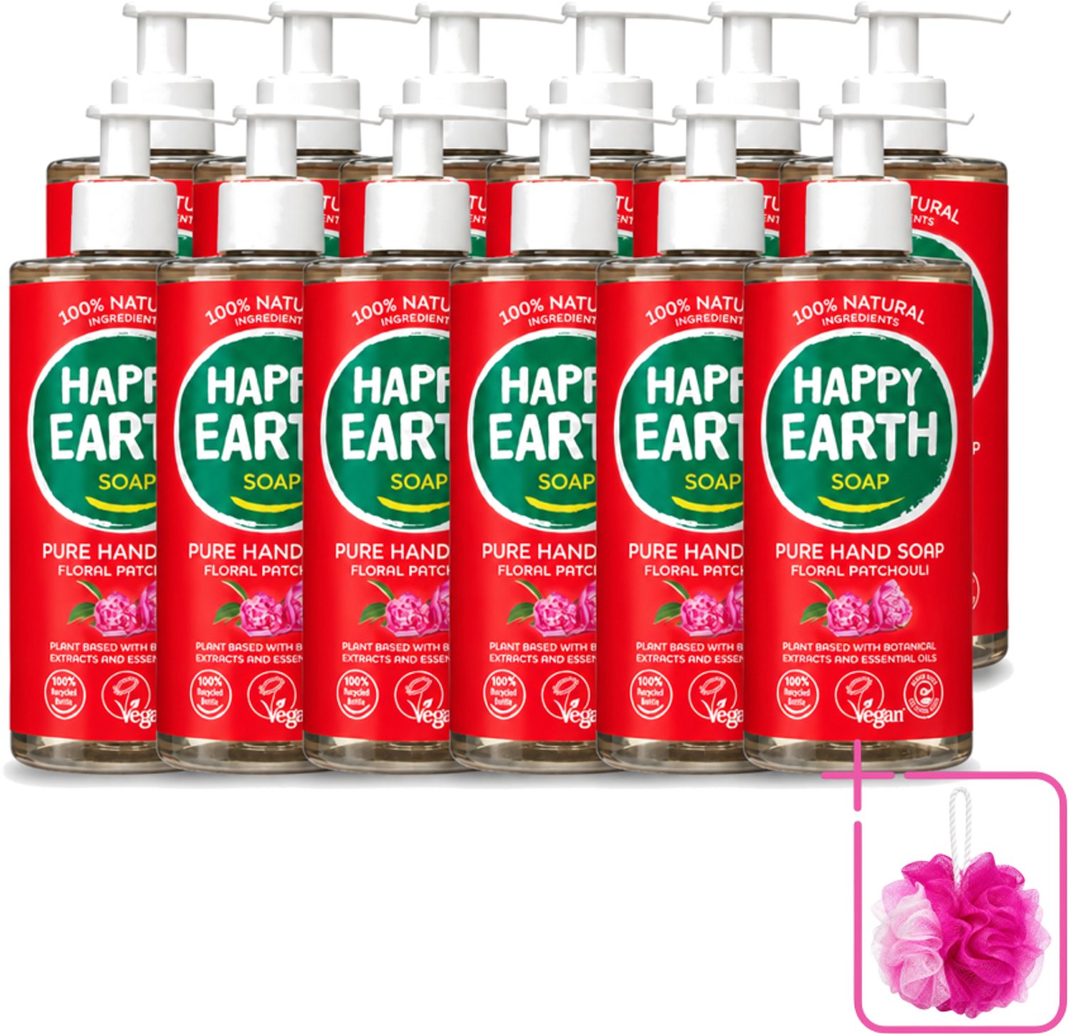 12 x Happy Earth – Handzeep – 100% Natuurlijk Floral Patchouli – 300 ml - Bulkverpakking - Natuurlijke handzeep - Douchemop - Vegan handzeep