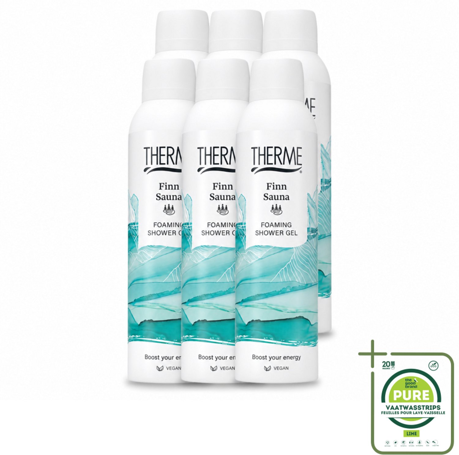 6 x Therme - Finn Sauna - Schuimende Douchegel - Verfrissend - Verzorgend - 200ml - Grootverpakking - Vaatwasstrips - Sauna - Douchegel - Schuimende Douchegel - Wellness - Eucalyptus