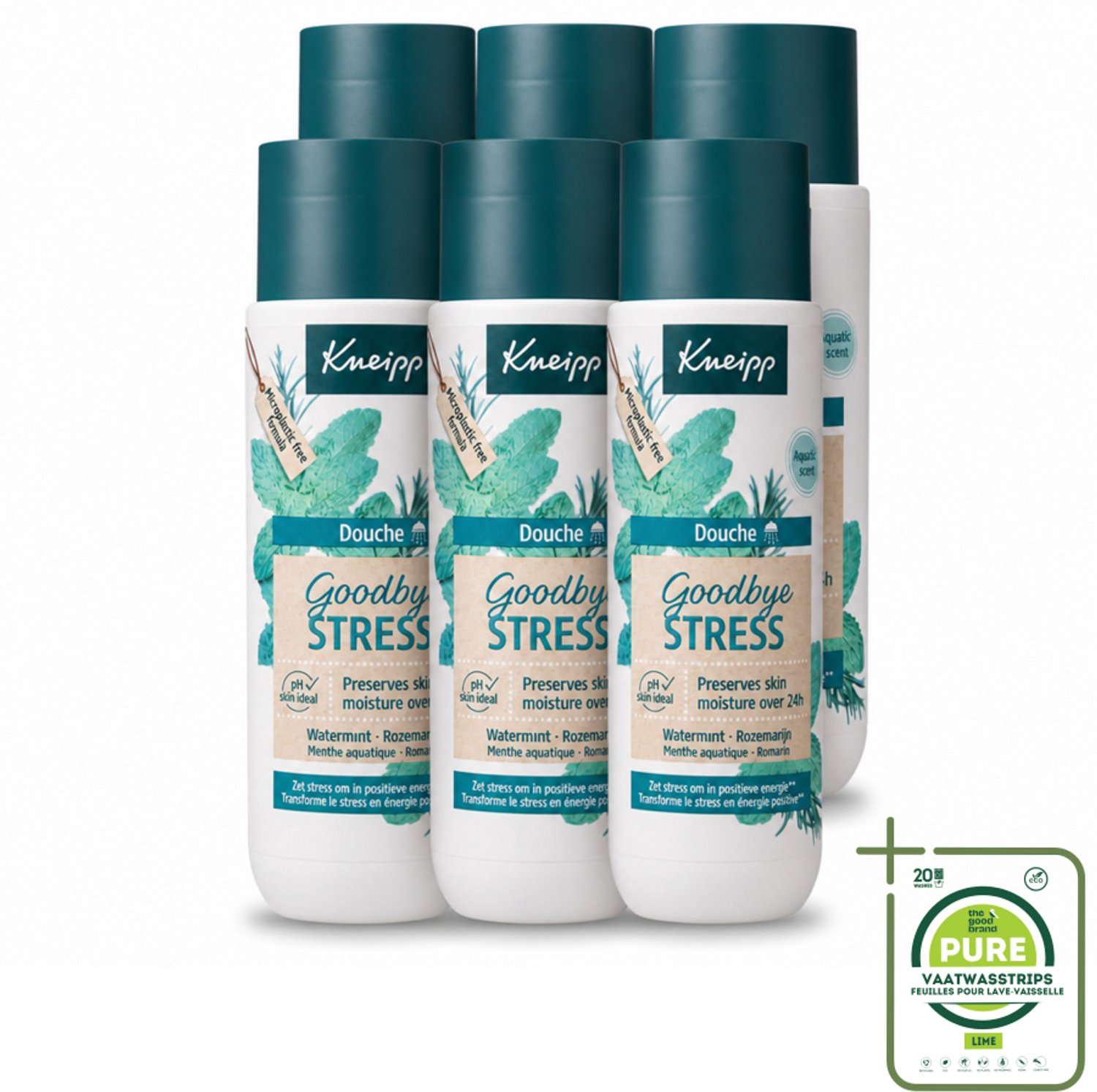 6 x Kneipp - Douchegel - Goodbye Stress - 200 ml - Grootverpakking - Vaatwasstrips - Stressverlichting - Energie - Watermunt - Rozemarijn - Douchegel