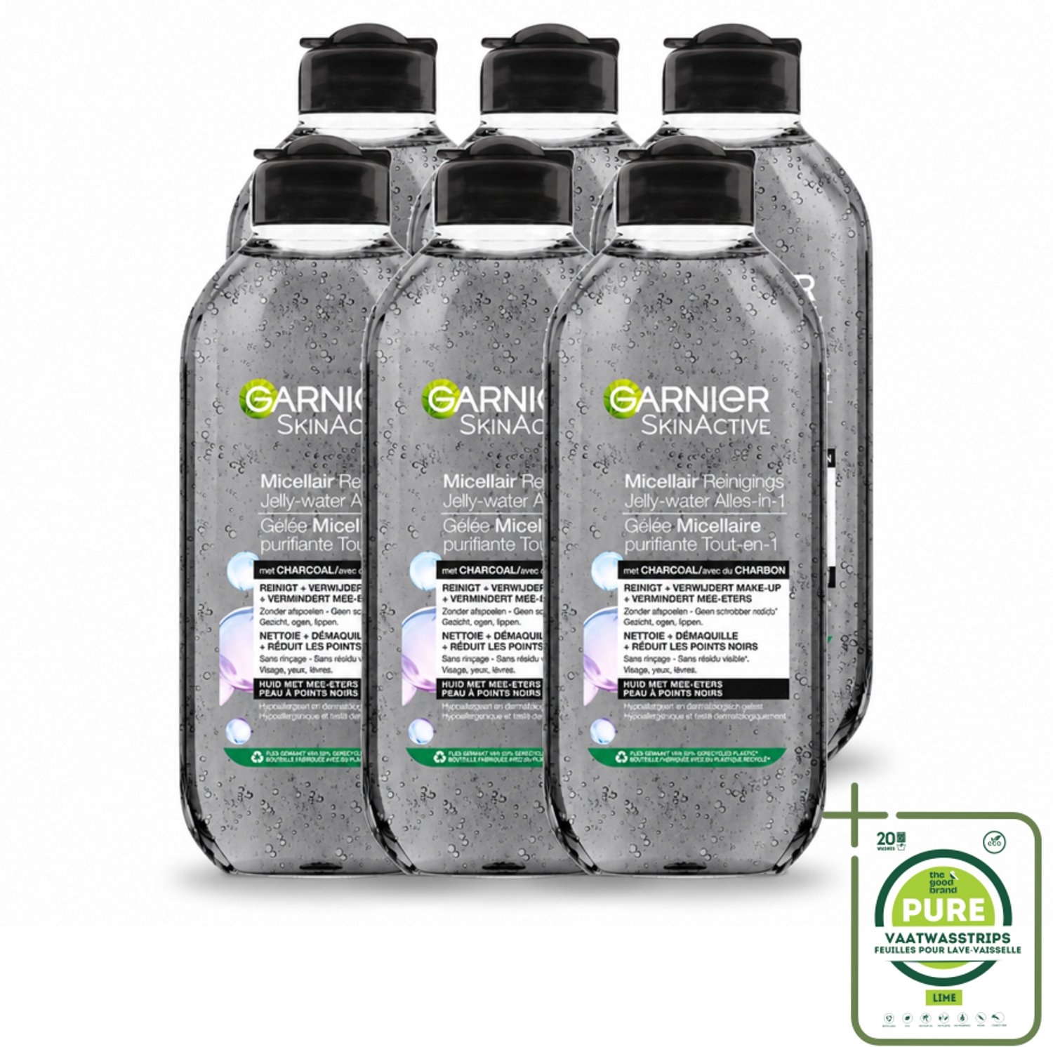 6 x Garnier - SkinActive - Micellair Jelly-water - Alles-in-1 - Charcoal - 400 ml - Grootverpakking - Vaatwasstrips - Huid Reinigen - Make-up Verwijderen - Houtskool - Salicylzuur - Micellair Water