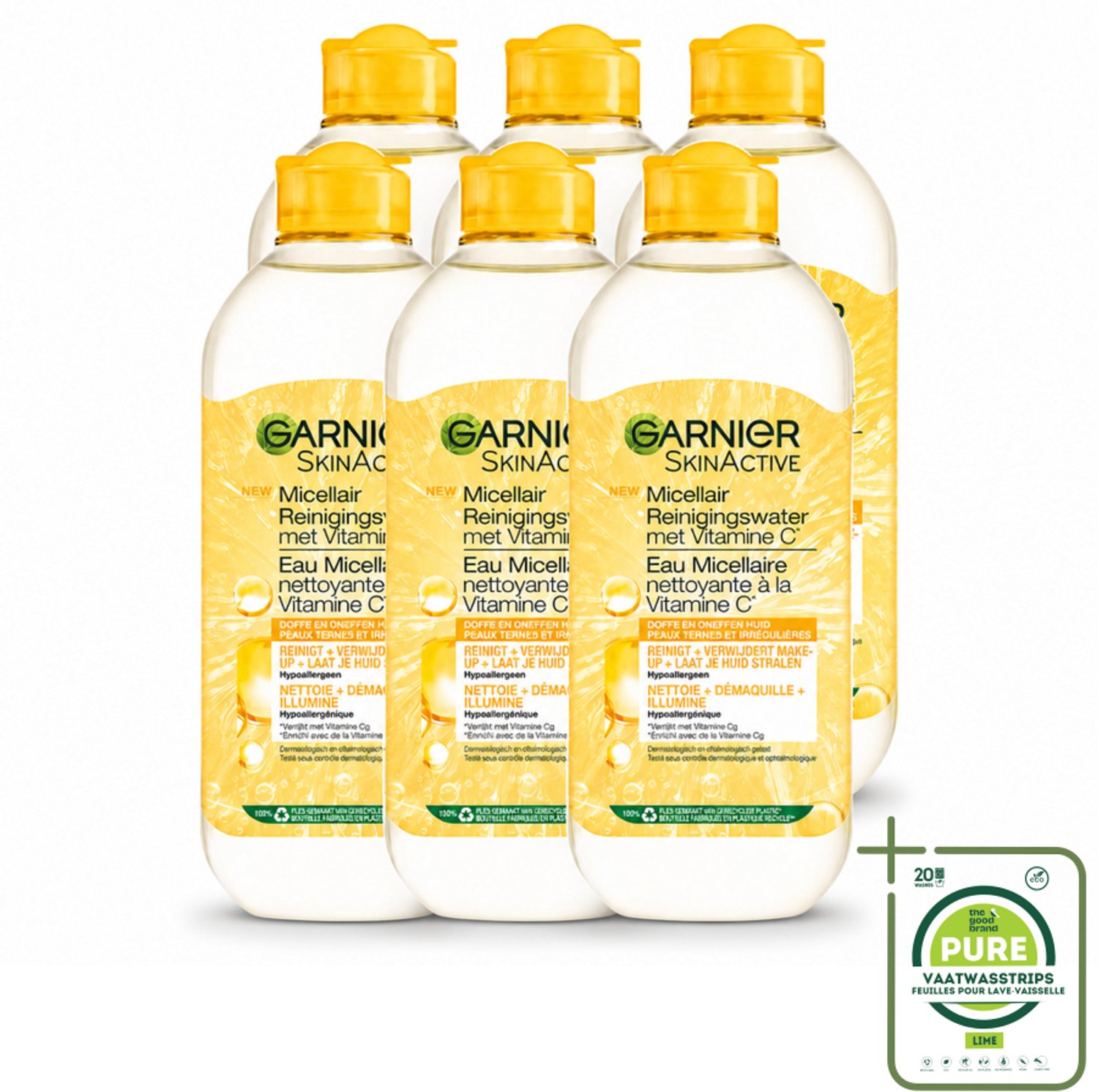 6 x Garnier - SkinActive - Micellair Water - Vitamine C - Reinigingswater - 400 ml - Grootverpakking - Vaatwasstrips - Micellair Reinigingswater - Vitamine C - Reinigen - Make-up Verwijderen - Stralen