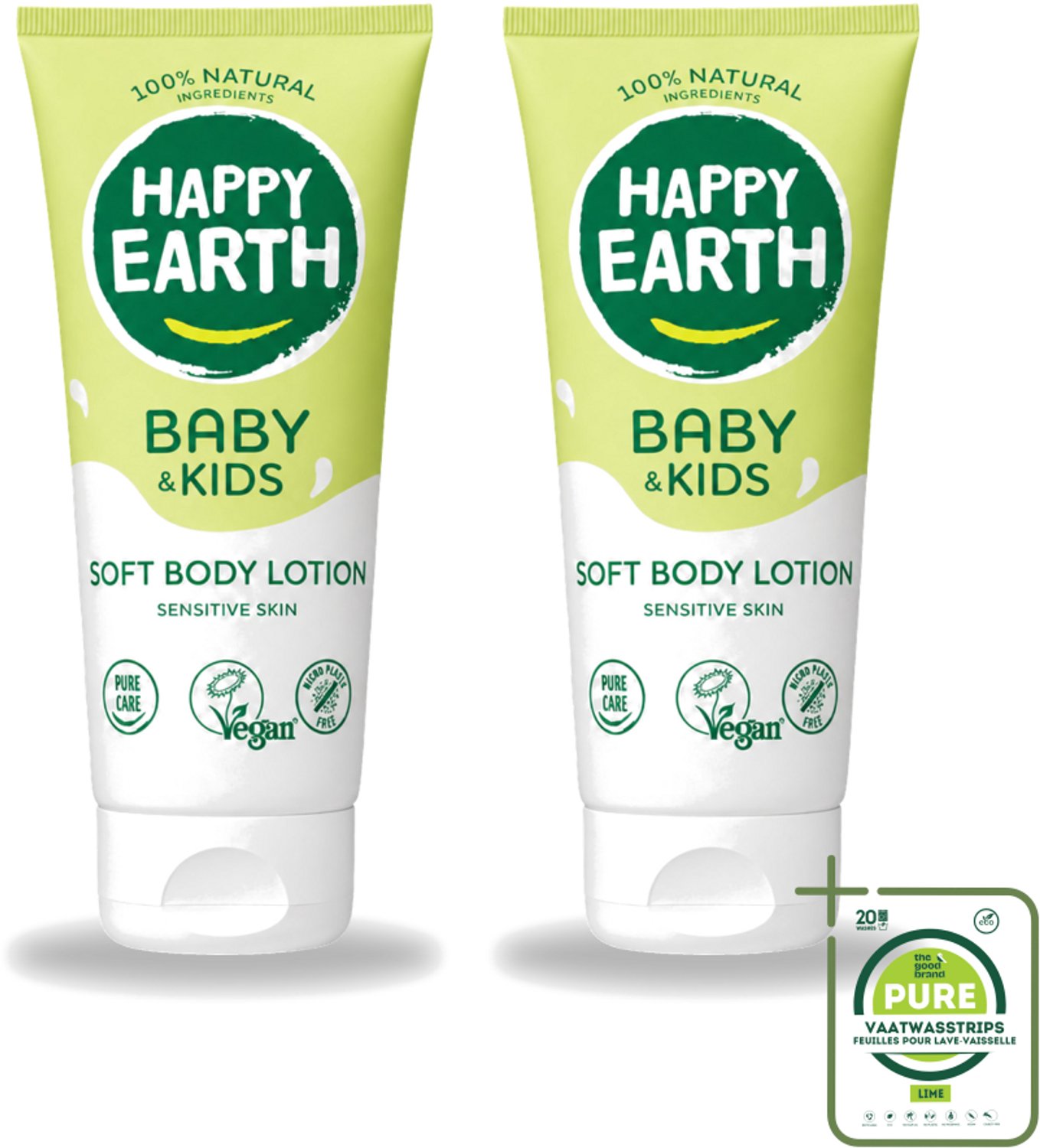 2 x Happy Earth – Bodylotion – 100% Natuurlijk Baby & Kids – 200 ml - Grootverpakking - Vaatwasstrips - Babylotion - Kinderhuid - Natuurlijke Bodylotion - Gezonde Huid - Gevoelige Huid
