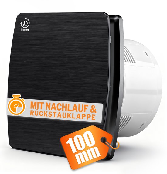 Zwarte 100mm ventilator met timer, naloopfunctie en terugslagklep.