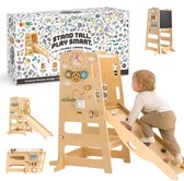 Joya Creative Leertoren 6 in 1 - Inklapbare Montessori Learning Tower - Keukenhulp met Glijbaan - Krijtbord - Klimwand - Activiteitenbord