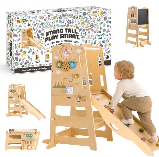 6-in-1 houten leertoren van Joya Creative met activiteitenbord, glijbaan, krijtbord en kind dat erop klimt.