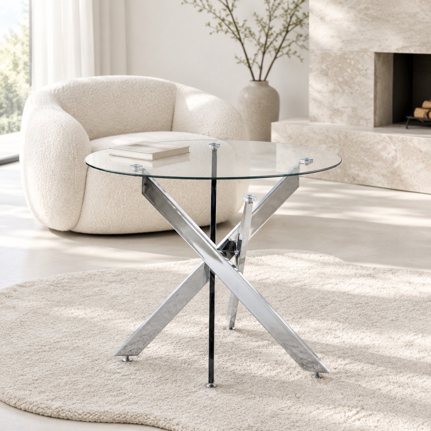 CHICFURN Eettafel - ronde vorm - eenvoudig te monteren - metalen kruisvoet - zilver