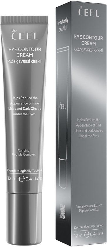 Grijze tube en doosje van The Ceel oogcrème met cafeïne en peptidecomplex, 12 ml.