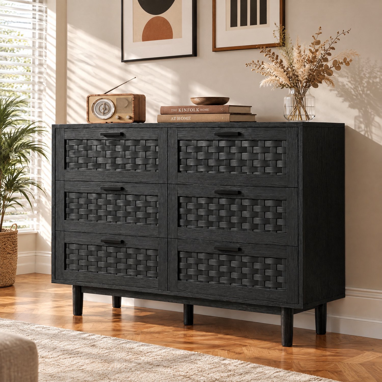 Ladekast 6 lades en rotan, moderne opbergkast met houten poten, commode voor de slaapkamer, woonkamer en hal, 115x 40 x 80 cm, zwarte