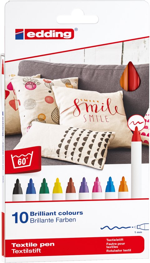 Edding 4600 textielstiften set van 10 in diverse kleuren met 1 mm ronde punt, geschikt voor wasbaar textiel tot 60°C.