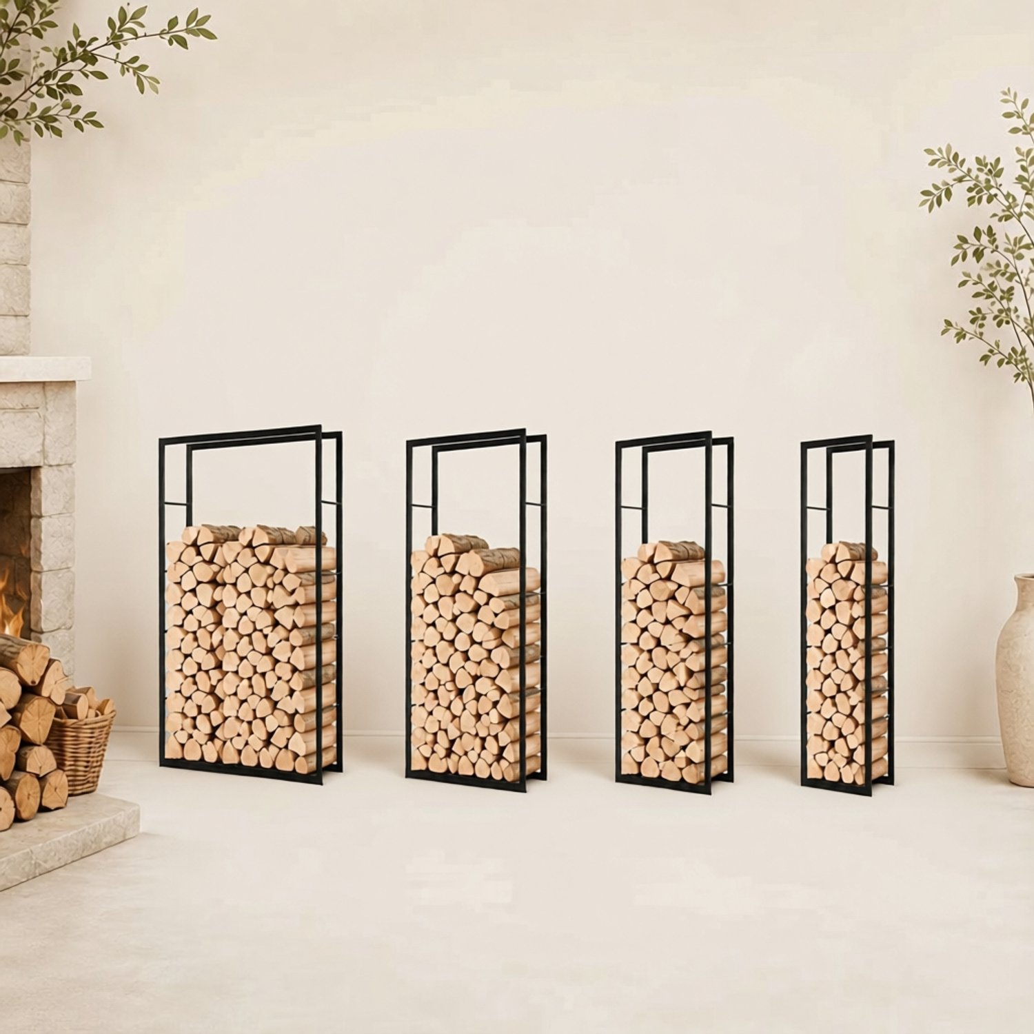 Zwarte metalen haardhoutopslag brandhoutrek houder-maximaal 350kg-150x100x25 cm.