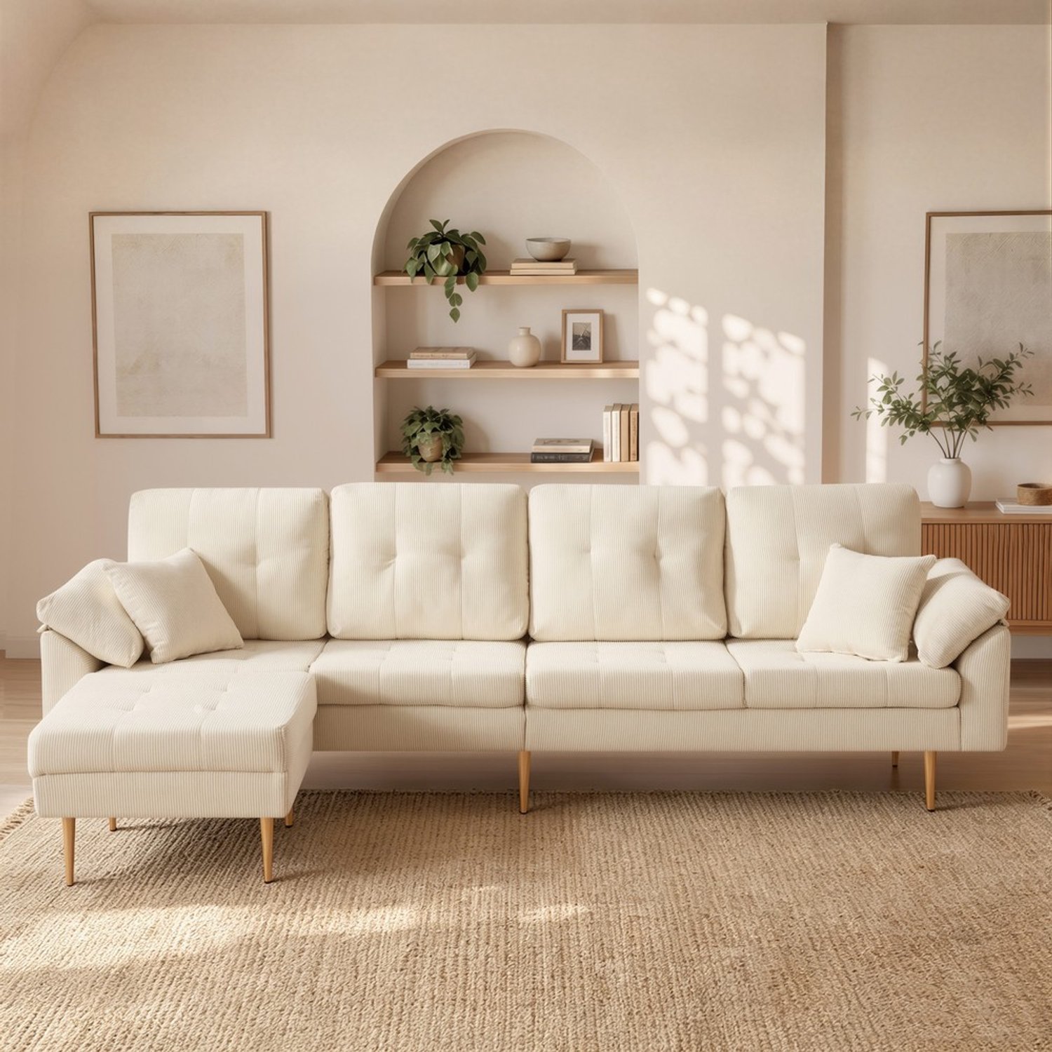 Pugsdrly Moderne 4-zits corduroybank met flexibele poef – vrij te combineren tot een L-vormige hoekbank, zachte, dikke zitkussens, 20 cm hoge ijzeren poten, royale loungebank voor de woonkamer, 250 cm Lichtbeige