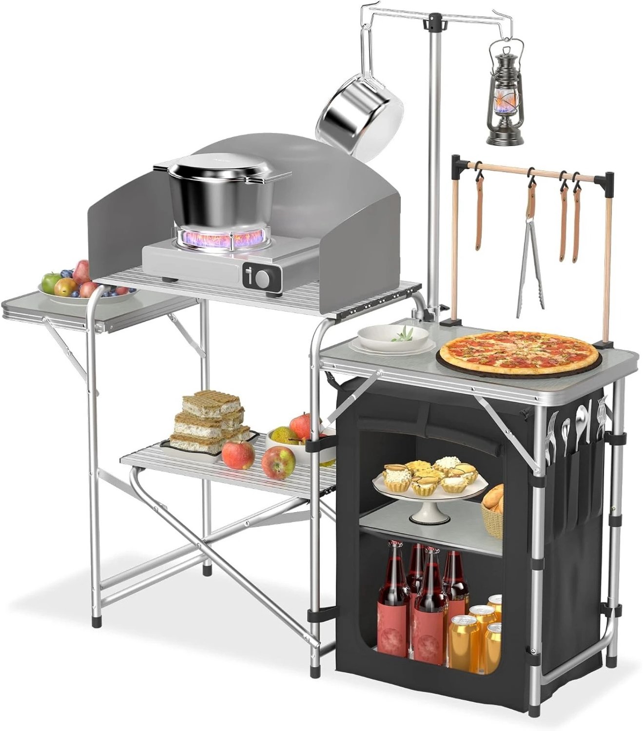 Heidat campingkeuken - Tafel inklapbaar - Set 2 stuks - Opvouwbare campingkast - Werkblad en kookplek - Aluminium