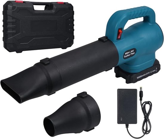 Draadloze Mini Jet Fan Bladblazer – 21V Accu Blazer – 35.000 RPM – Multifunctionele Luchtblazer voor Tuin, Auto & Sneeuw – Inclusief 1500 mAh Accu, Oplader, Opzetstukken & Koffer – Blauw — afbeelding 3