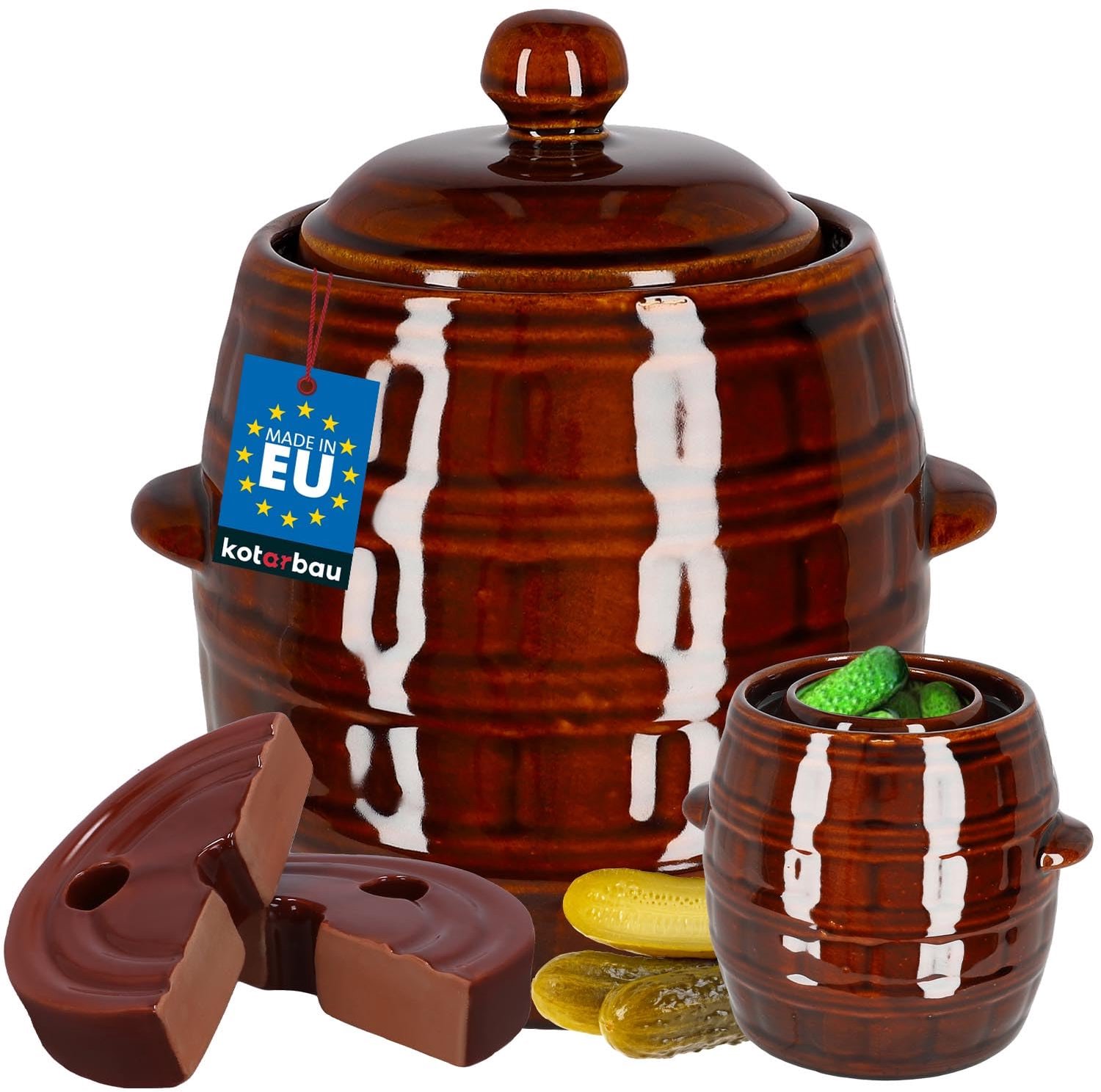 KOTARBAU® Fermentatiepot 5L - Zuurkoolpot - met Deksel & Fermentatiegewichten Keramische Fermentatiepot - Steengoed - Bruin