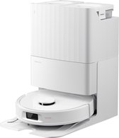 Witte Roborock robotstofzuiger met een gestreept zelflegstation, op een witte achtergrond.
