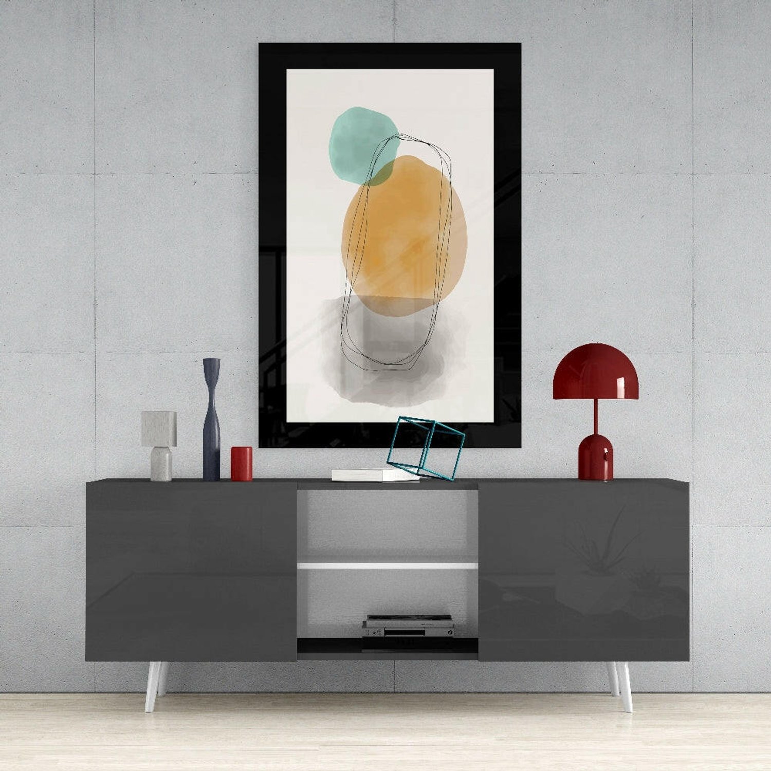 Glasschilderij – Boho Vormen in Turquoise en Oker – Sfeervolle Wanddecoratie