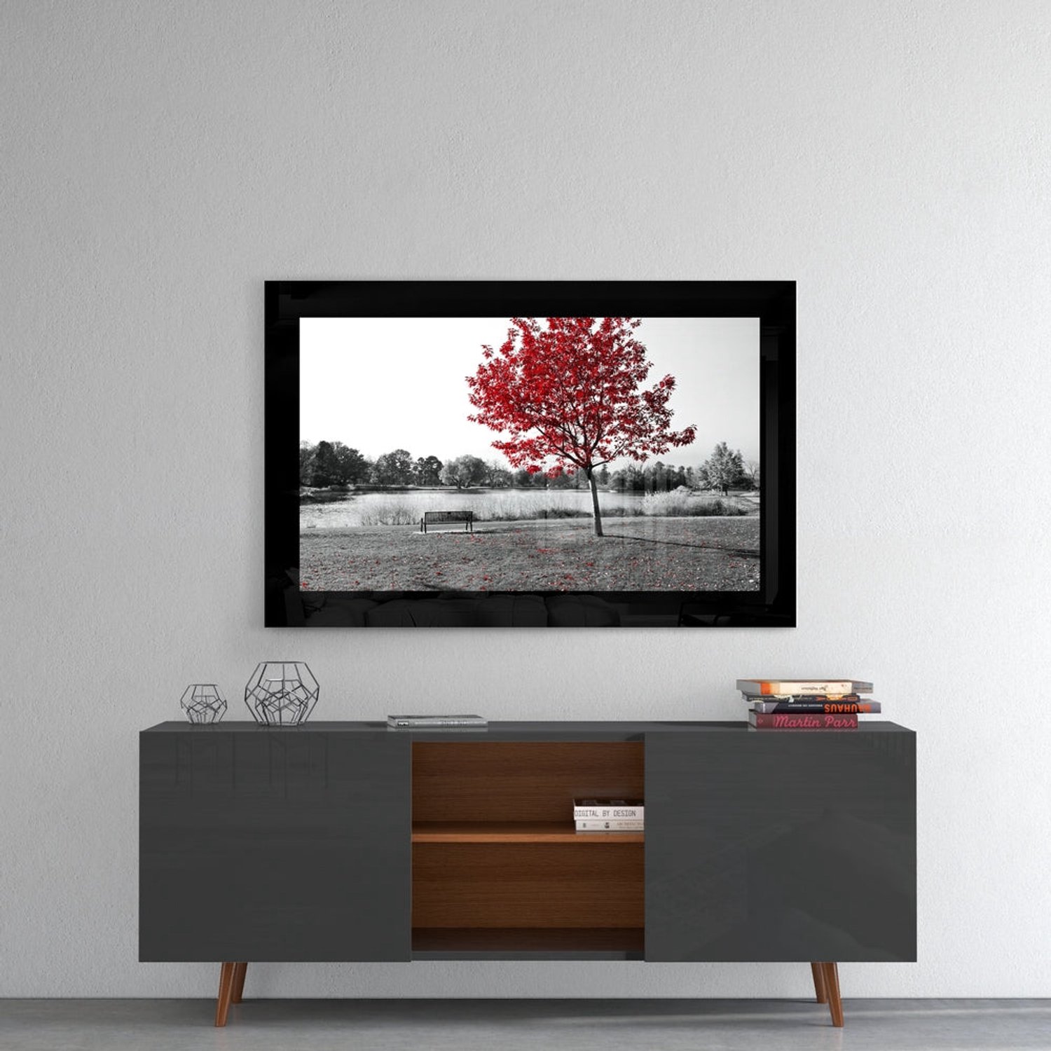 Glasschilderij – Scharlakenrode Boom bij Meerbankje – Decoratieve Kunst aan de Muur
