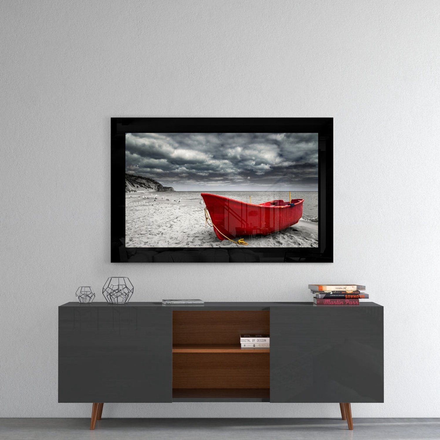 Glasschilderij – Rode Boot – Unieke Wandkunst