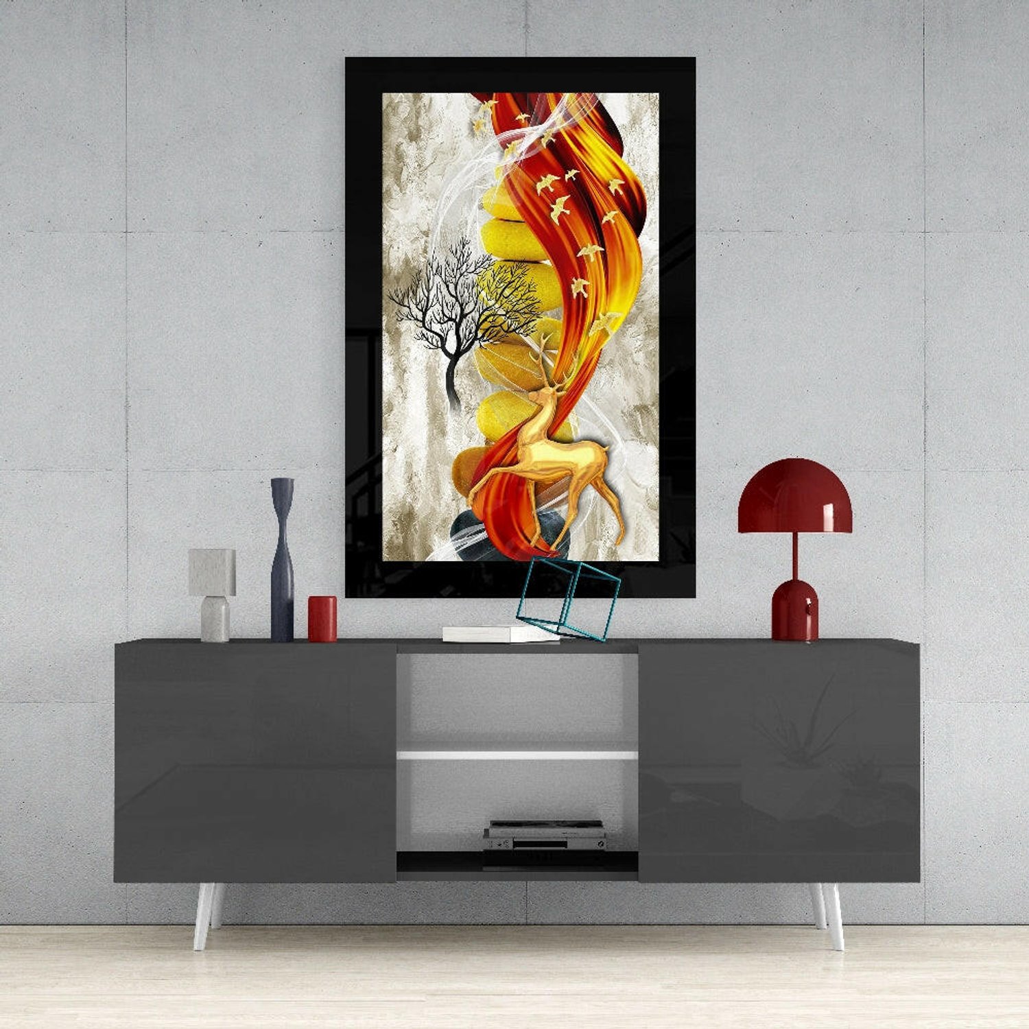 Glasschilderij – Rood-Gouden Hert – Moderne Glasdecoratie