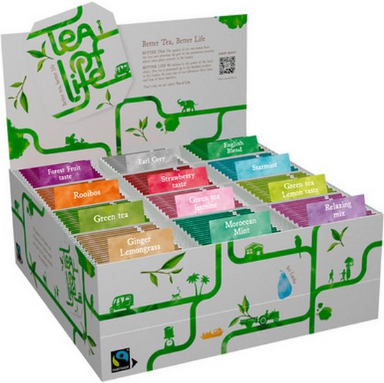 Tea of Life displaydoos met 12 verschillende smaken theezakjes, versierd met groene illustraties op een witte achtergrond.