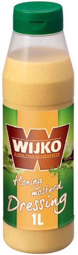 Fles Wijko honing-mosterddressing van 1 liter met een groene dop.