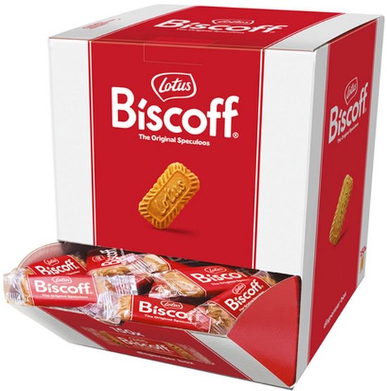 Dispenserdoos met 150 individueel verpakte Lotus Biscoff speculooskoekjes in rood-witte verpakking.