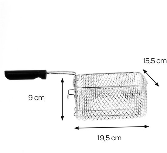 Rechthoekige metalen frituurmand met zwarte handgreep. Afmetingen: 19,5 cm breed, 9 cm hoog en 15,5 cm diep.