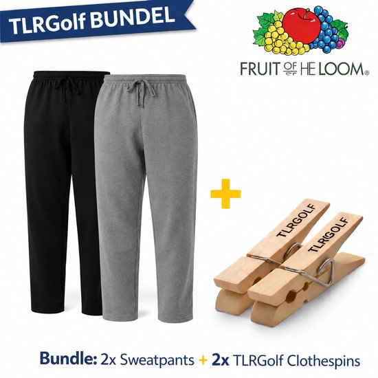 TLRGolf-bundel: een zwarte en een grijze joggingbroek, plus twee houten TLRGolf-wasknijpers.