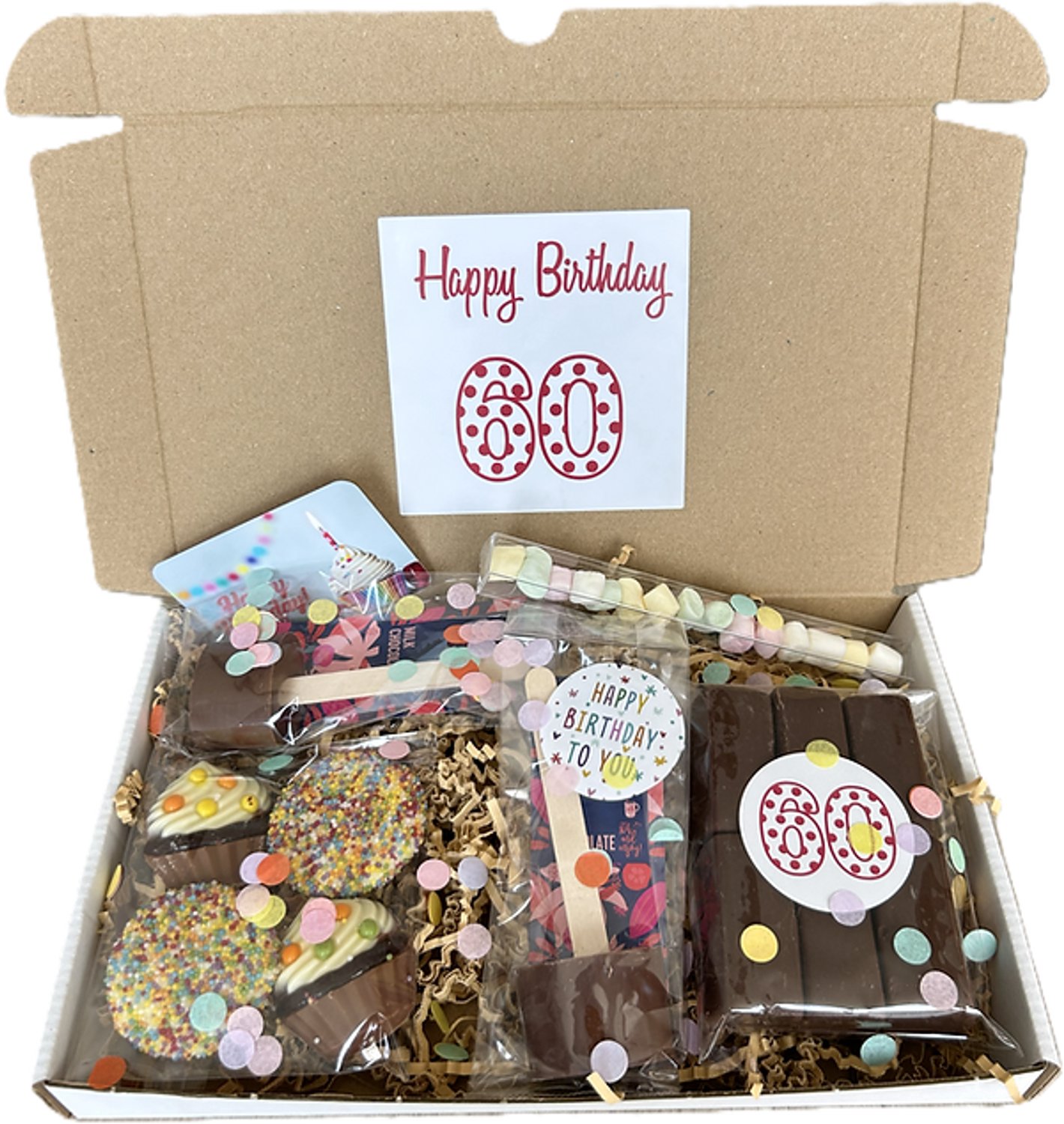60 Verjaardag chocolade brievenbus cadeau - chocoladestick - marshamallows - cupcake